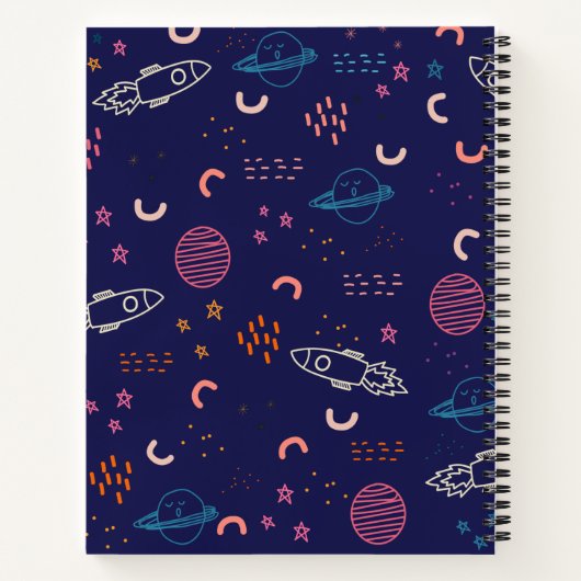 Carnet Espace et planètes Doodle en bleu Personnalisé (Dos)