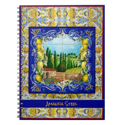 Carnet été italien Majolica bleu tuiles citrus monogramme (Devant)