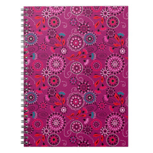 Carnet Ethnique folk abstrait motif floral rétro cramson