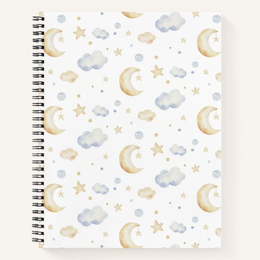 Carnet Etoiles de lune d'aquarelle et Motif de nuage (Devant)