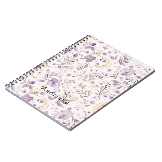 Carnet Etoiles d'or Lune Fleurs violettes (Côté gauche)