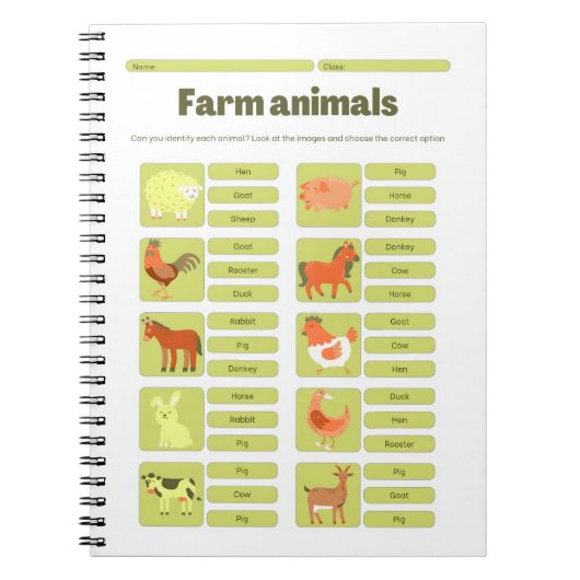 Carnet Farm Animals Identification Educational Worksheet (Devant)