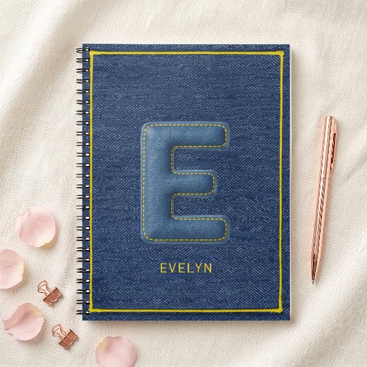 Carnet Faux Denim Bleu 3D Lettre E Monogramme Nom