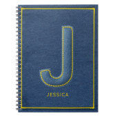Carnet Faux Denim Jaune Broderie Monogramme J Nom (Devant)