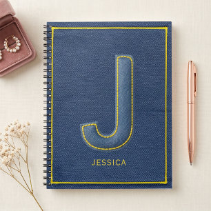 Carnet Faux Denim Jaune Broderie Monogramme J Nom