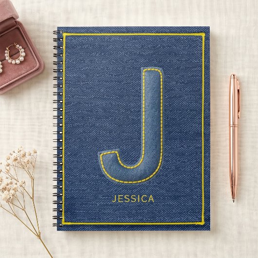 Carnet Faux Denim Jaune Broderie Monogramme J Nom