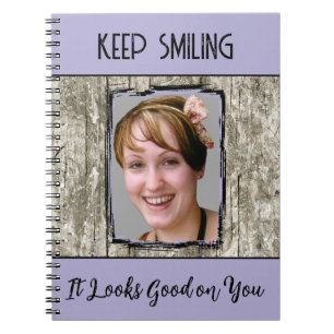 Carnet Faux gris effet bois garder le sourire photo viole