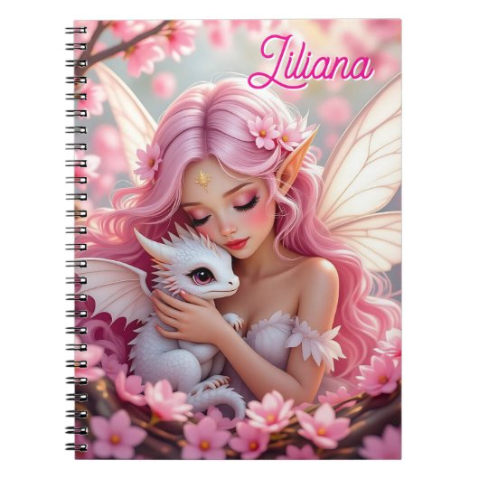Carnet Fée Elfe Rose Jolie & Dragon Personnalisé (Devant)
