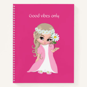 Carnet Fée et fleurs sur fond rose vif