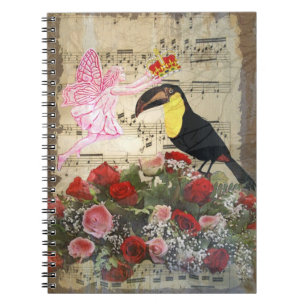 Carnet Fée vintage et collage d'oiseaux