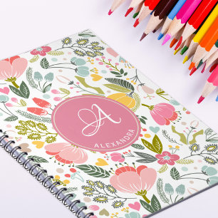Carnet Féminin chic moderne floral rose nom monogrammé