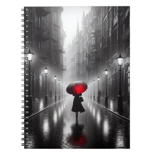Carnet Femme Avec Un Parapluie Rouge Dans La Pluie (Devant)