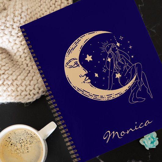 Carnet Femme céleste lune & étoiles, boho, or élégant