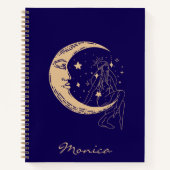 Carnet Femme céleste lune & étoiles, boho, or élégant (Devant)
