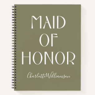 Carnet Femme d'honneur Olive Green Typographie Nom Mariag