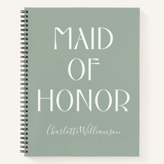 Carnet Femme d'honneur Sage Green Typographie Nom Mariage (Devant)