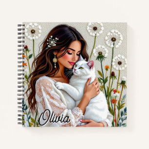 Carnet Femme et chat blanc et pissenlits 
