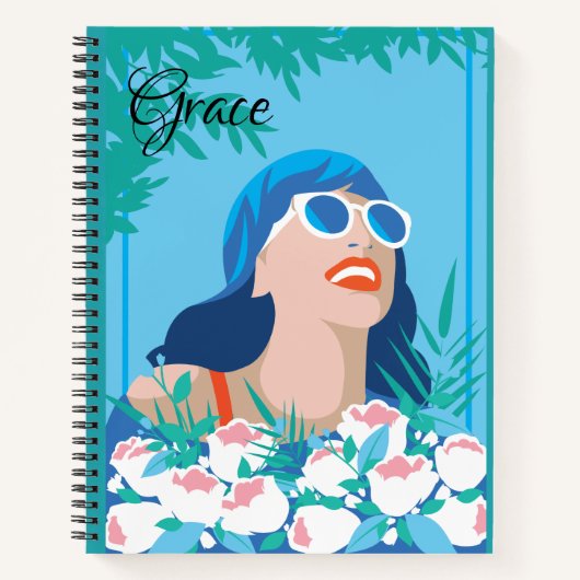 Carnet Femme rétro avec fleurs et soleil (Devant)