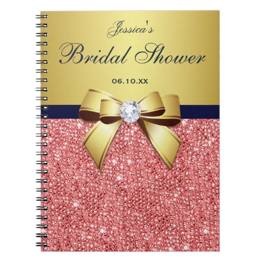 Carnet Fête des mariées Bow Guestbook Gold Coral Sequins (Devant)