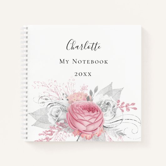 Carnet Feuillage rose floral argenté nom blanc élégant (Devant)
