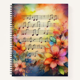 CARNET FEUILLE D'EAU MUSIQUE AVEC FLEURS COLORÉES