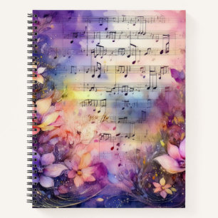CARNET FEUILLE D'EAU MUSIQUE AVEC FLEURS COLORÉES
