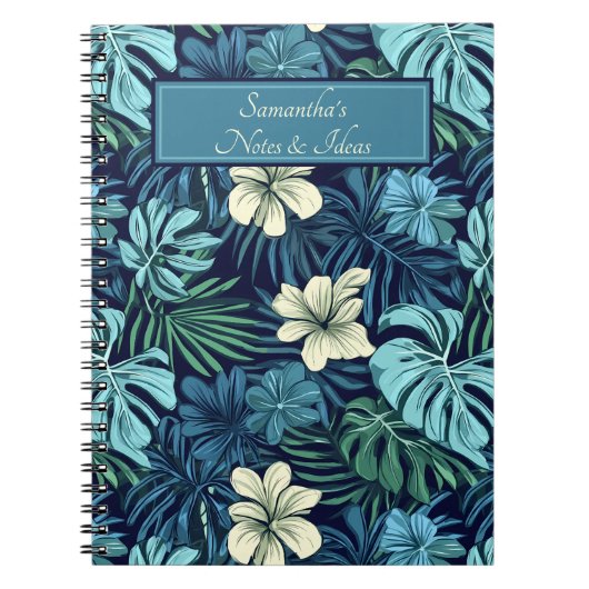 Carnet Feuilles et fleurs tropicales Bleu & Blanc (Devant)