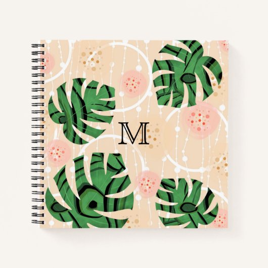 Carnet Feuilles Monstera sur rose. (Devant)