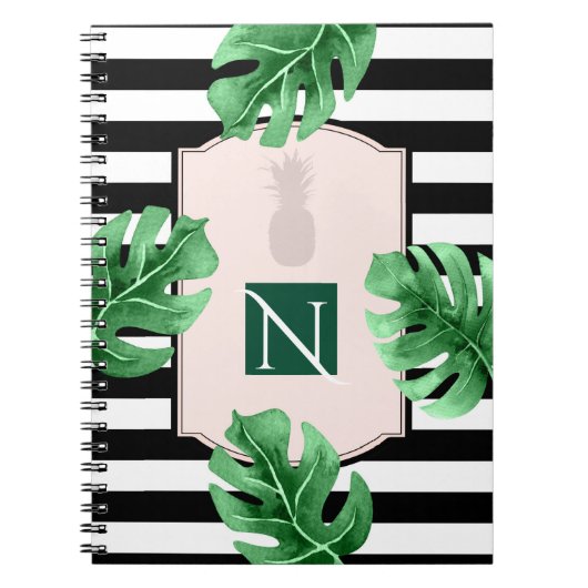 Carnet Feuilles Tropicales & Ananas Élégant Chic Monogram (Devant)