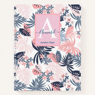 Carnet Feuilles tropicaux Blush rose & marine Monogramme