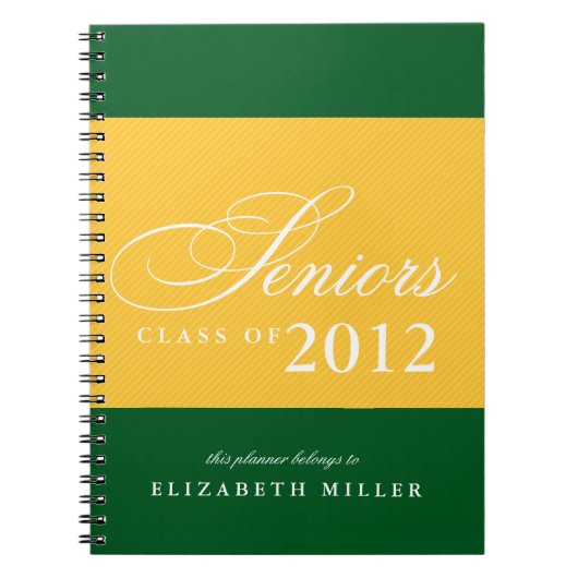 Carnet Fier seniors green jaune rayures année de classe (Devant)