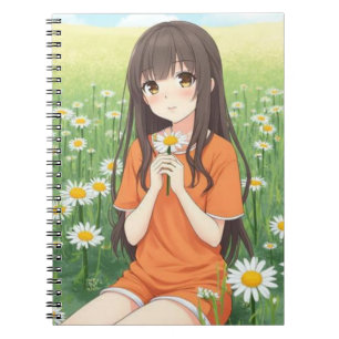 Carnet Fille Anime Kawaii dans un Jardin de Pâquerettes