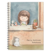 Carnet Fille Aquarelle mignonne avec chat Oiseau Personna (Devant)