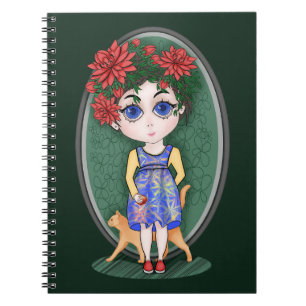 Carnet Fille avec chat rouge et pomme. Style Chibi.