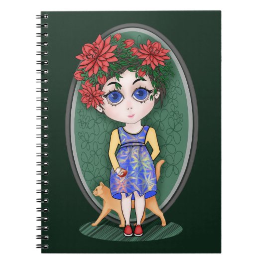 Carnet Fille avec chat rouge et pomme. Style Chibi. (Devant)