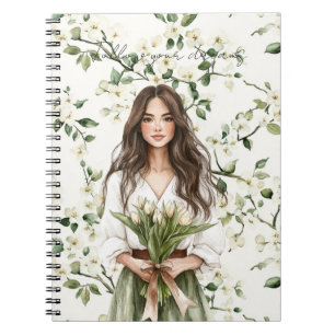 Carnet Fille Cheveux Marrons Fleurs Blanches Tulipes