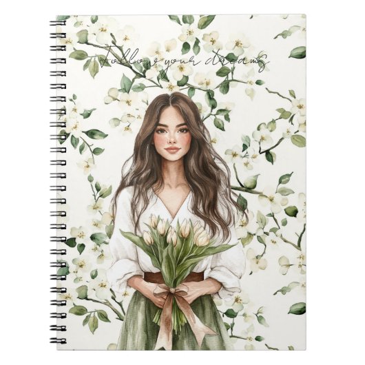 Carnet Fille Cheveux Marrons Fleurs Blanches Tulipes (Devant)
