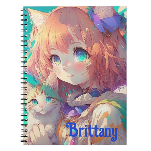 Carnet Fille d'anime belle personnalisée avec un chaton m (Devant)