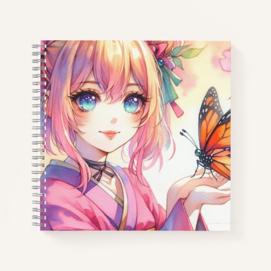 Carnet Fille d'anime tenant un papillon (Devant)
