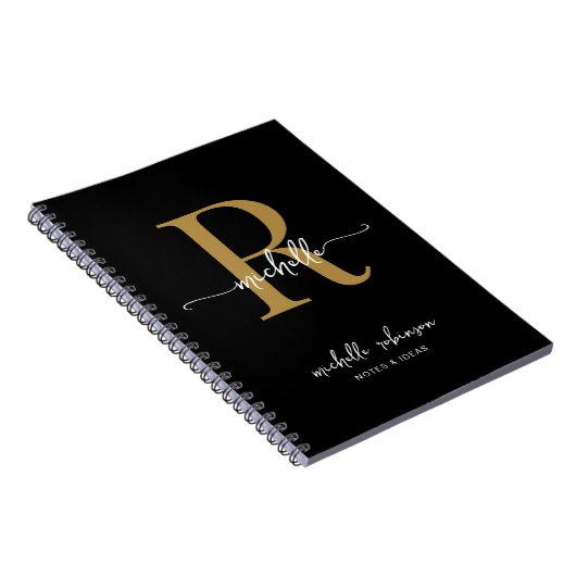 Carnet Fille Elegant Chic Black Gold Script Monogramme No (Côté Droit)
