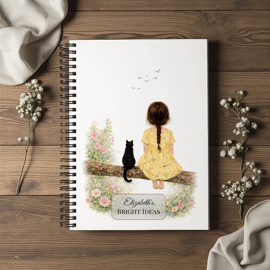 Carnet Fille et chat noir sur une branche