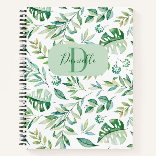 Carnet Fille Feuille Motif de verdure Monogramme Nom (Devant)