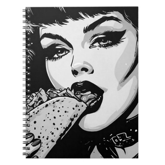 Carnet Fille gothique de style graphique BW 50s mangeant  (Devant)
