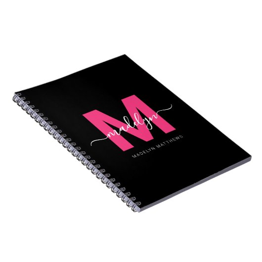 Carnet Fille Noir Rose Chaud Monogramme Initial Nom (Côté Droit)