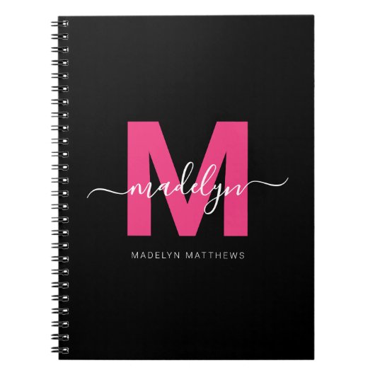 Carnet Fille Noir Rose Chaud Monogramme Initial Nom (Devant)
