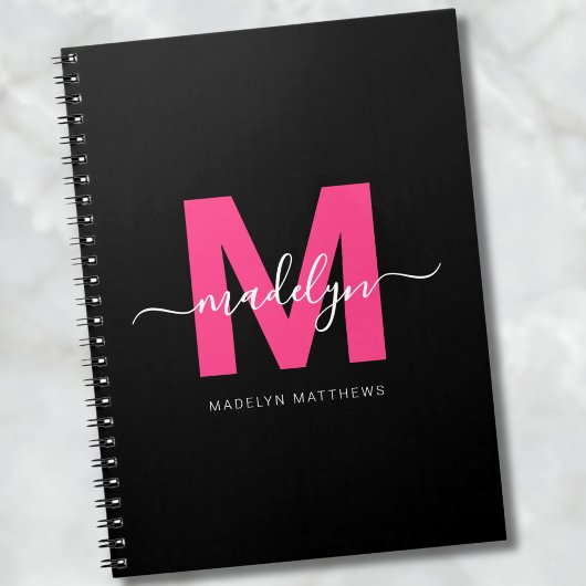 Carnet Fille Noir Rose Chaud Monogramme Initial Nom