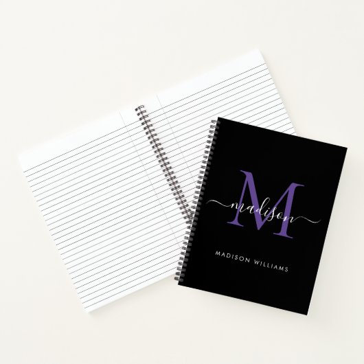 Carnet Fille Noir Violet Violet Monogramme Nom du script (Intérieur)
