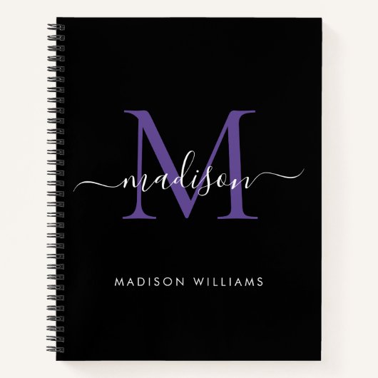Carnet Fille Noir Violet Violet Monogramme Nom du script (Devant)