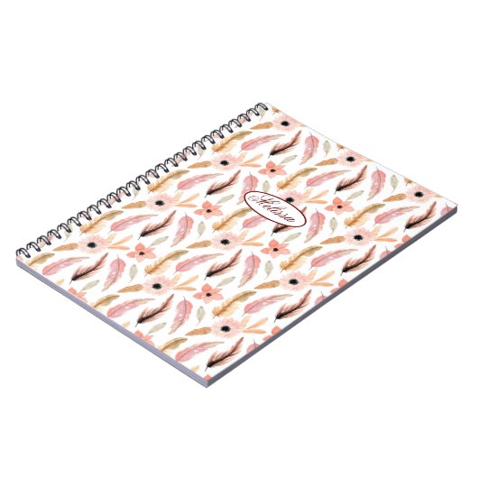 Carnet Fille rose florale Aquarelle Motif Nom Script (Côté gauche)