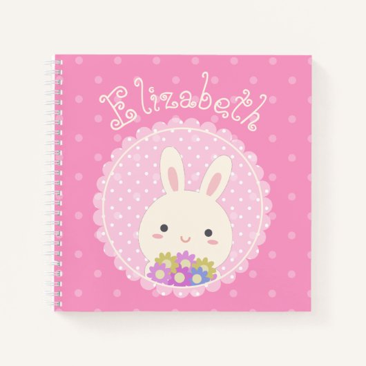 Carnet Fille rose mignonne Kawaii Bunny & Fleurs Nom Pers (Devant)